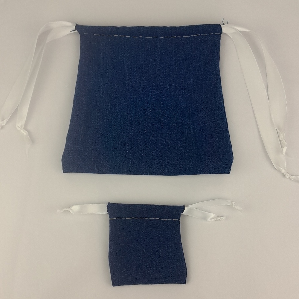 2 Handcrafted Stretchy Jean Ribbon Drawstring Matching Bags - Picture 4 of 10
